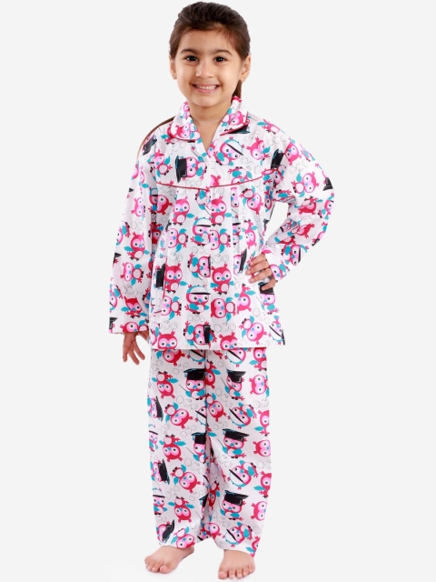 

KID1 Girls White & Blue Owl Printed Night suit