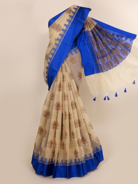 

Pothys Cream-Coloured & Blue Cotton Blend Woven Design Saree