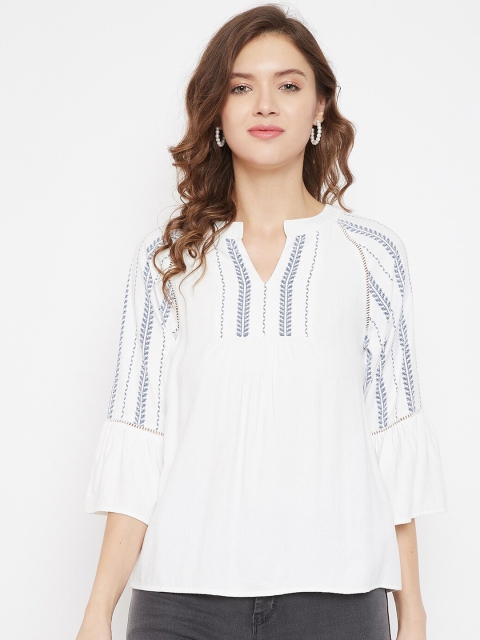 

Madame Women White & Navy Blue Embroidered A-Line Top