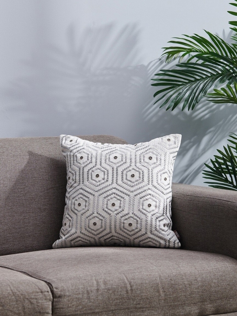 Pure Home and Living White & Silver-Toned Single Geometric Square Cushion Covers