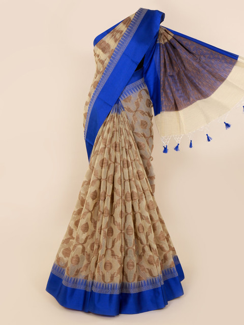 

Pothys Cream-Coloured & Blue Cotton Blend Printed Saree With Tasseled Pallu