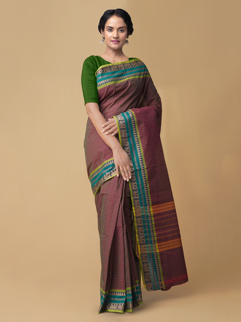 

Unnati Silks Pink Pure Cotton Checked Chettinad Saree