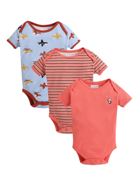 

BUMZEE Infant Kids Coral & Navy Blue Pack Of 3 Bodysuits