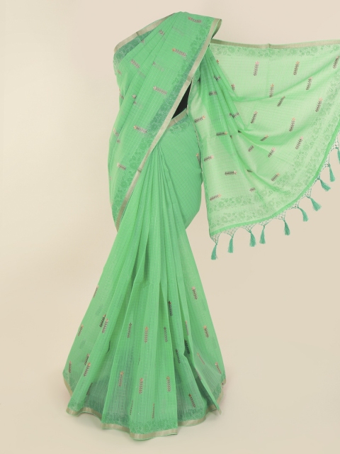 

Pothys Green Cotton Blend Embroidered Chanderi Saree