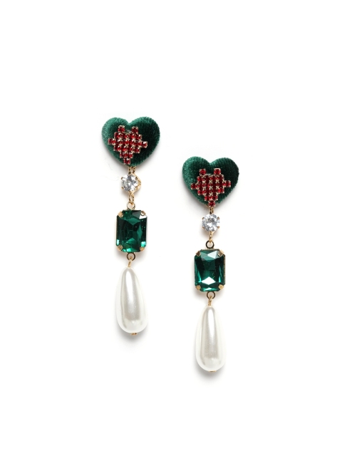 

CRZ Green & White Gold-Plated Heart Shaped Drop Earrings