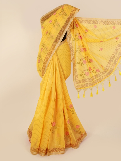 

Pothys Yellow Cotton Blend Embroidered Chanderi Saree