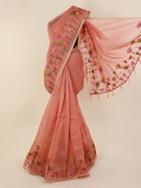 

Pothys Peach-Coloured Cotton Blend Checked Chanderi Saree