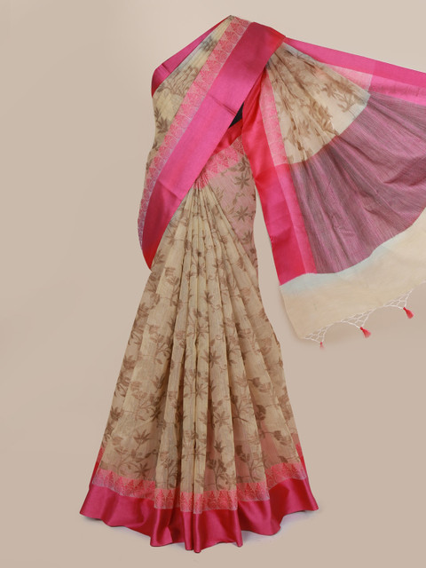 

Pothys Cream-Coloured & Pink Cotton Blend Woven Design Saree