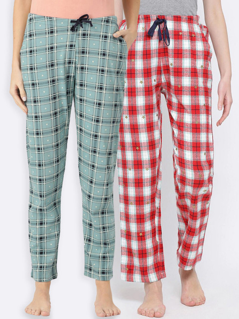 

Kanvin Women Pack of 2 Checked Cotton Lounge Pants, Teal