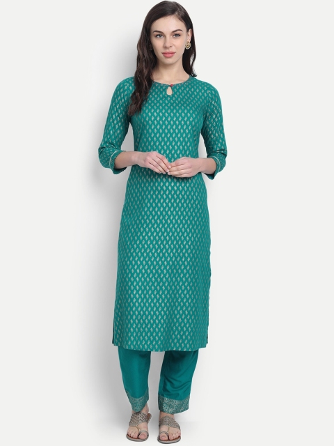 

fabGLOBAL Women Teal Green & Gold-Coloured Printed Handloom Kurta with Trousers