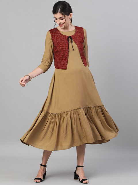 

GULMOHAR JAIPUR Women Beige Solid A-Line Dress
