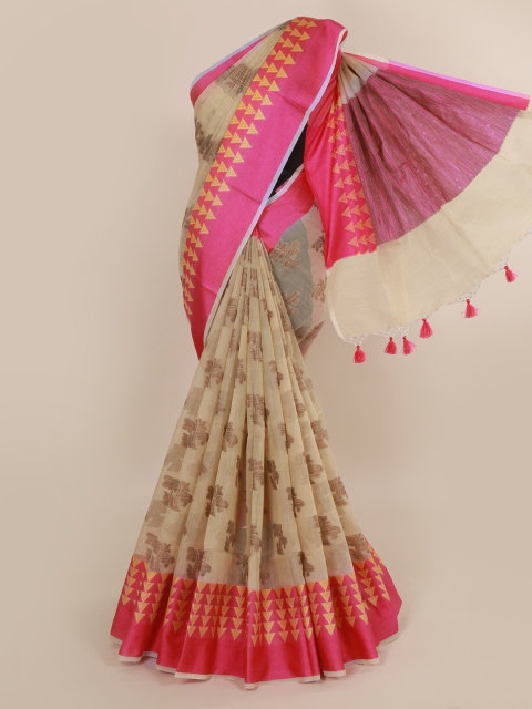 

Pothys Cream-Coloured & Pink Cotton Blend Printed Saree