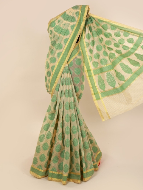 

Pothys Cream-Coloured & Green Cotton Blend Woven Design Saree