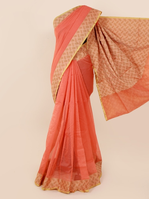 

Pothys Peach-Coloured Checked Cotton Blend Saree