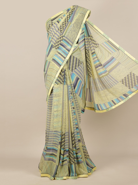

Pothys Yellow Striped Printed Poly Chiffon Saree
