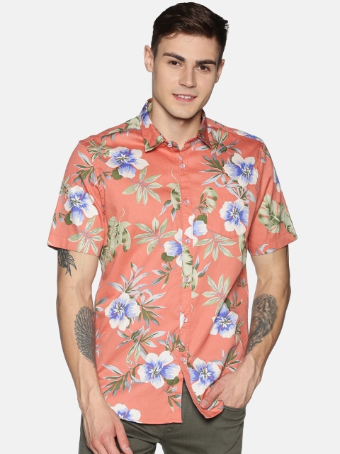 Tusok Men Coral & Green Regular Fit Printed Casual Shirt
