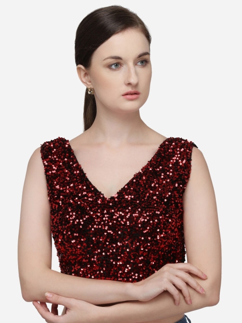 

Fab Dadu Women Red Sequin Embellished Velvet Saree Blouse