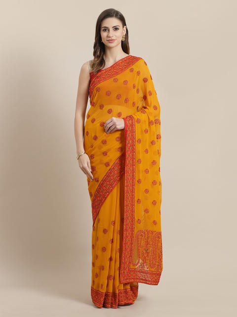 

Chhabra 555 Yellow Embroidered Poly Georgette Saree