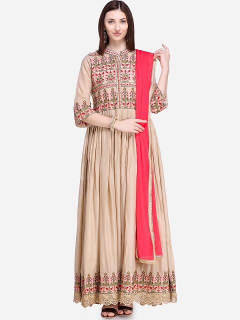 

Stylee LIFESTYLE Beige & Orange Art Silk Semi-Stitched Dress Material