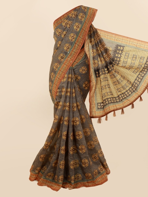 

Pothys Grey & Beige Cotton Blend Printed Chanderi Saree