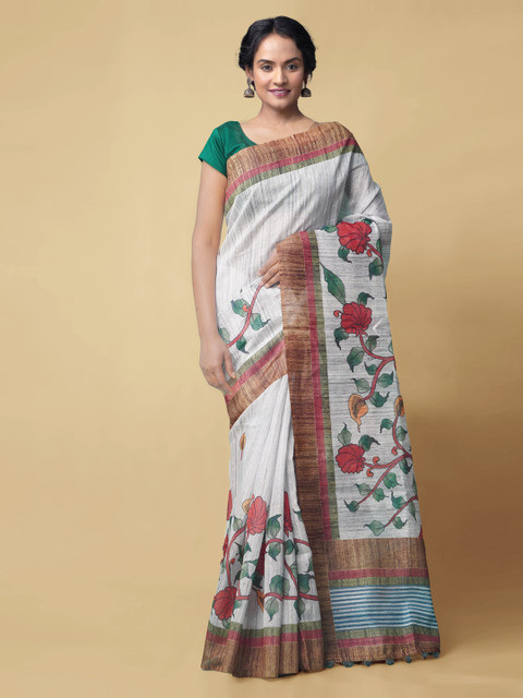 

Unnati Silks White Silk Cotton Printed Chanderi Saree