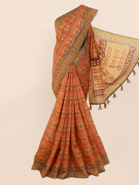 

Pothys Peach-Coloured & Yellow Cotton Blend Printed Chanderi Saree