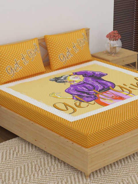 

METRO LIVING Yellow & Purple Cartoon Characters 104 TC Cotton 1 Queen Bedsheet with 2 Pillow Covers