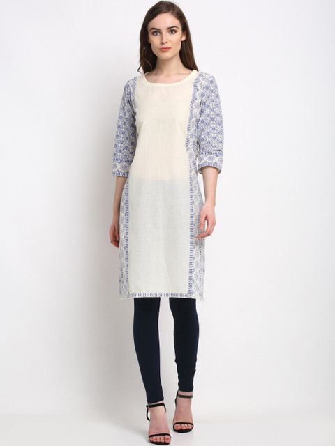 

Friskers Women Cream-coloured & Blue Floral Printed Kurta