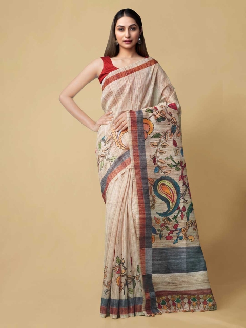 

Unnati Silks Beige Silk Cotton Printed Handloom Chanderi Saree