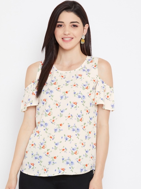 

Purys beige floral printed cold-shoulder sleeves regular top