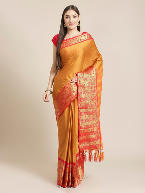 

Mitera Mustard Yellow & Red Pure Silk Solid Kanjeevaram Saree