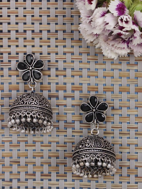 

Crunchy Fashion Silver-Toned Dome Shaped Jhumkas