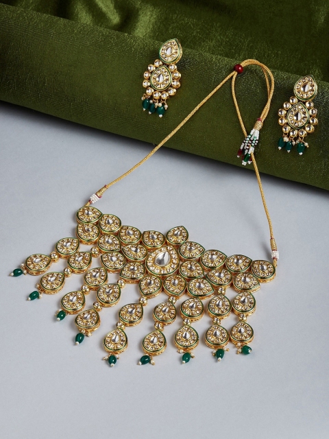

GloBox By ZeroKaata Gold-Plated White & Green Kundan-Studded & Beaded Handcrafted Jewellery Set
