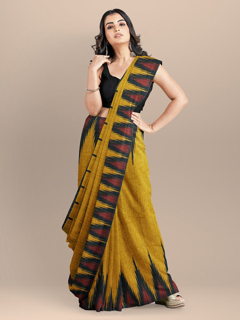

BharatSthali Mustard Yellow & Black Pure Cotton Solid Sambalpuri Saree