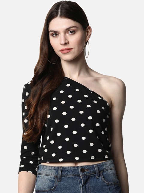 FIVE STONES Black Printed One Shoulder Regular Crop Top