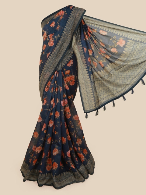 

Pothys Navy Blue & Peach-Coloured Cotton Blend Floral Printed Saree