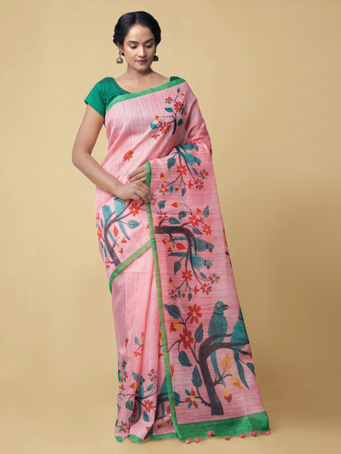

Unnati Silks Pink Silk Cotton Woven Design Chanderi Saree