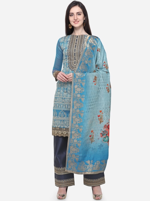 

Stylee LIFESTYLE Blue & Black Silk Blend Semi-Stitched Dress Material