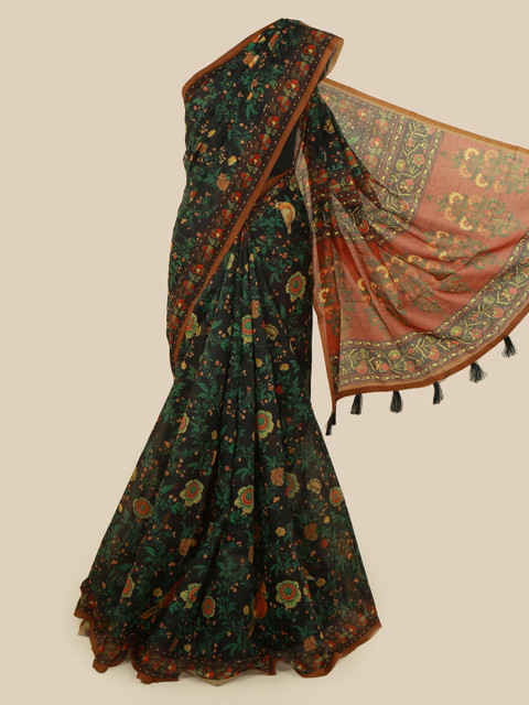 

Pothys Black & Green Cotton Blend Printed Chanderi Saree