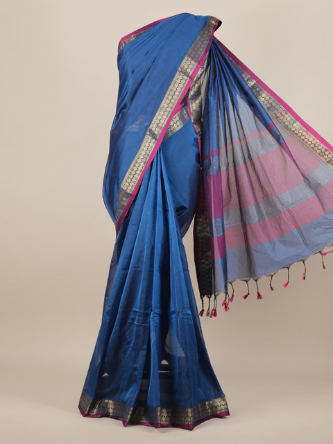 

Pothys Blue Solid Silk Cotton Saree With Tasseled Pallu
