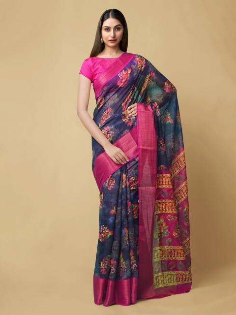 

Unnati Silks Blue Silk Cotton Printed Chanderi Saree
