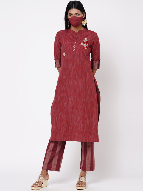 

FASHOR Women Maroon Dyed Kurta with Trousers