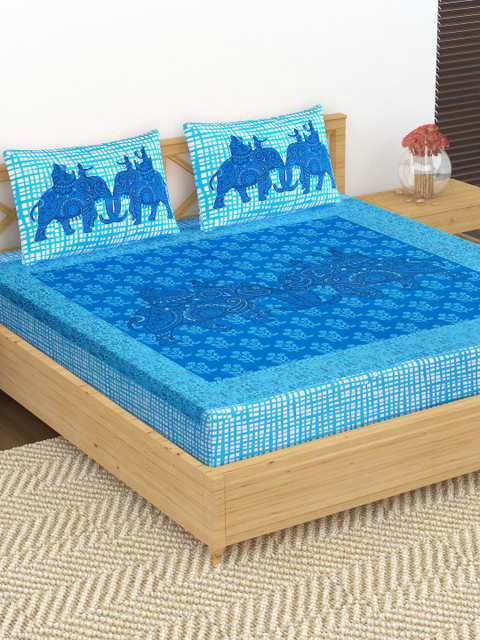 

METRO LIVING Blue Ethnic Motifs 104 TC Cotton 1 Queen Bedsheet with 2 Pillow Covers