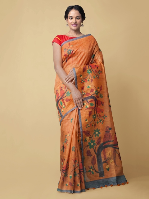 

Unnati Silks Orange Printed Chanderi Saree