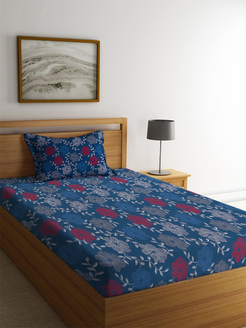 

MAYFAIR HOMES LONDON Blue & Red Floral 104 TC Cotton 1 Single Bedsheet with 1 Pillow Covers