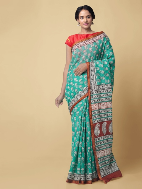 

Unnati Silks Sea Green Pure Cotton Printed Block Print Handloom Saree
