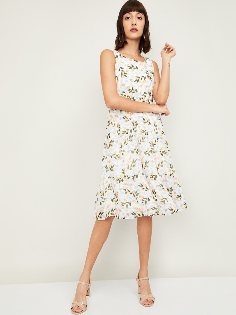 

CODE by Lifestyle Women White & Blue Printed Fit and Flare Dress