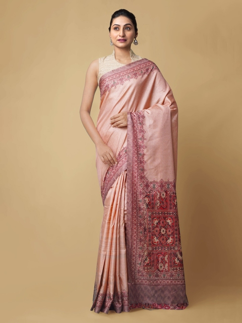 

Unnati Silks Peach-Coloured Pure Silk Solid Block Print Saree