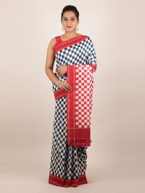 

Pothys White & Blue Pure Cotton Checked Sambalpuri Saree