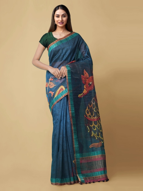 

Unnati Silks Blue Silk Cotton Printed Chanderi Saree